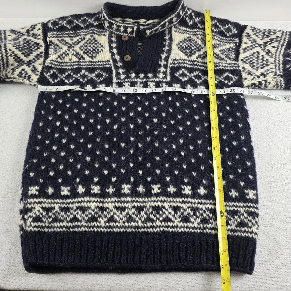Nepal Men's Chunky Hand Knit Wool Sweater Black White Nordic Pattern - Picture 10 of 12
